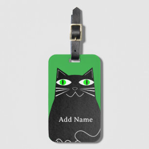 Étiquette À Bagage Chat Noir Gras Aux Yeux Verts Nom Personnalisé Ver