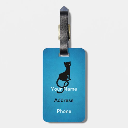 Étiquette À Bagage Chat noir mauvais aimable bleu personnalisé (Dos Vertical)