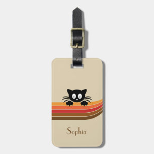 Étiquette À Bagage Chat noir mignon avec rayures rétro