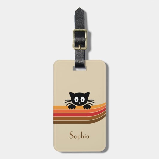 Étiquette À Bagage Chat noir mignon avec rayures rétro (Devant Vertical)