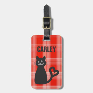 Étiquette À Bagage Chat noir sur carreaux rouges Personnalisé