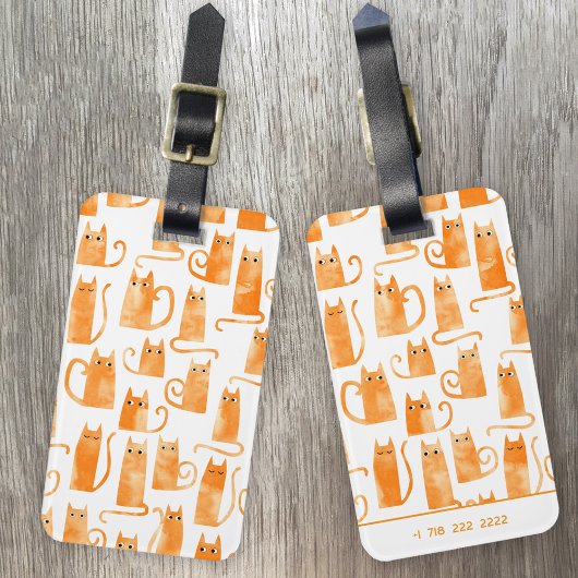 Étiquette À Bagage Chat orange mignon aquarelle