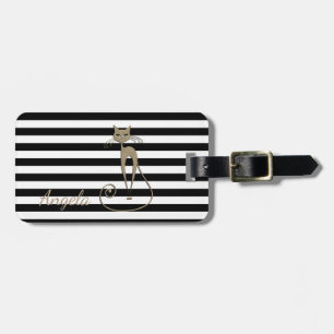 Étiquette À Bagage Chat pailleté girly, rayures noires et blanches