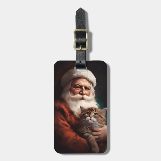 Étiquette À Bagage Chat Perse avec Noël Festif du Père Noël (Devant Vertical)