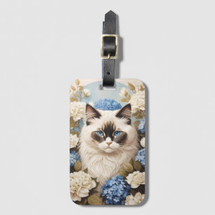 Étiquette À Bagage Chat Ragdoll Avec Fleurs Bleues D'Hydrangée