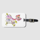 Étiquette À Bagage Chat rose blanc mignon avec Fleurs Jaunes (Devant Horizontal)