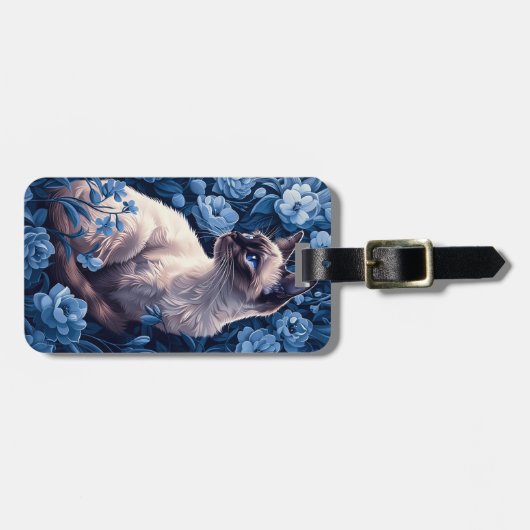 Étiquette À Bagage Chat siamois en Fleurs Bleues (Devant horizontal)