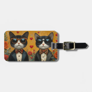 Étiquette À Bagage Chat Smoking Avec Roses de la Saint-Valentin