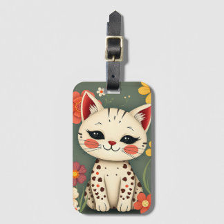 Étiquette À Bagage Chat tacheté heureux avec des fleurs