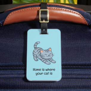 Étiquette À Bagage Chat tigré gris étiré Texte personnalisé bleu