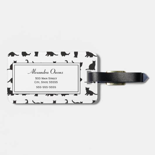 Étiquette À Bagage Chats en Silhouette noire Motif avec prénom (Dos horizontal)