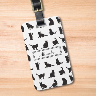 Étiquette À Bagage Chats en Silhouette noire Motif avec prénom