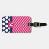 Étiquette À Bagage Chaud rose et Navy Chevron Zigzag Pois Monogramme (Devant horizontal)