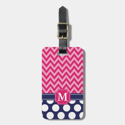 Étiquette À Bagage Chaud rose et Navy Chevron Zigzag Pois Monogramme (Devant Vertical)