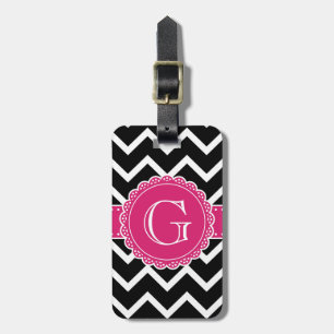 Étiquette À Bagage Chaud rose Fleur Monogramme noir Chevron