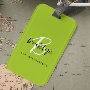 Étiquette À Bagage Chaux Vert Noir Blanc Noir Monogramme Nom