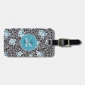 Étiquette À Bagage Cheetah Floral bleu Imprimer avec Monogramme perso (Devant horizontal)