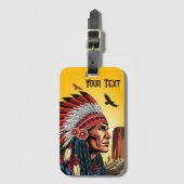 Étiquette À Bagage Chef amérindien sur paysage sauvage coucher de sol (Devant Vertical)
