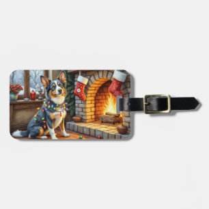 Étiquette À Bagage Cheminée Blue Heeler avec lumières de Noël