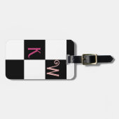 Étiquette À Bagage Chèque noir et blanc Deux initiales Monogramme (Devant horizontal)