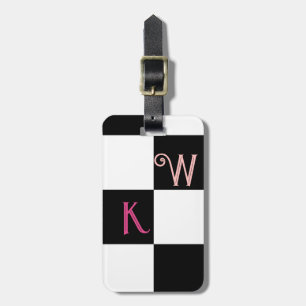 Étiquette À Bagage Chèque noir et blanc Deux initiales Monogramme