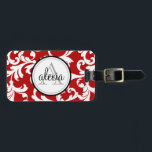 Étiquette À Bagage Cherry Red Monogramme Damask Imprimer<br><div class="desc">Cherry Red Monogramme Damask Imprimer</div>