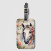 Étiquette À Bagage Cheval blanc dans les fleurs. (Devant Vertical)