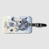 Étiquette À Bagage Cheval bleu gris avec fleurs nom personnalisé (Devant Horizontal)