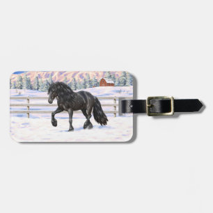 Étiquette À Bagage Cheval Noir Friésien En Neige