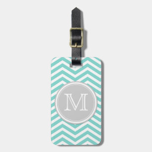 Étiquette À Bagage Chevron bleu et blanc turquoise avec le monogramme