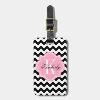 Étiquette À Bagage Chevron noir et blanc avec le monogramme rose
