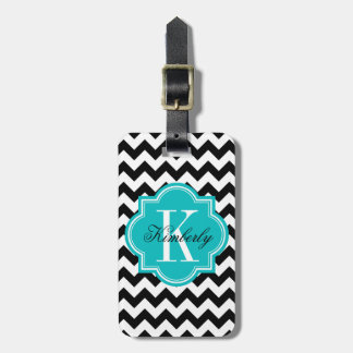 Étiquette À Bagage Chevron noir et blanc avec le monogramme turquoise