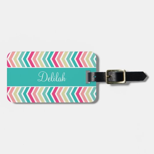 Étiquette À Bagage Chevron Turquoise Rose (Devant horizontal)