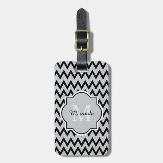 Étiquette À Bagage Chevron Zigzag Nom et Monogramme de Black Grey ten (Devant Vertical)