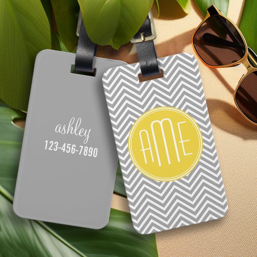 Étiquette À Bagage Chevrons gris et jaune Monogramme personnalisé
