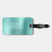 Étiquette À Bagage Chic Aqua Brossé Métal Blanc Monogramme Bagage Bal (Dos horizontal)