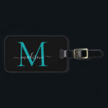 Étiquette À Bagage Chic Black Turquoise Vert Monogramme Nom du script<br><div class="desc">Élégant moderne élégant noir Turquoise vert Monogramme Nom du script Sac élégant Tag</div>
