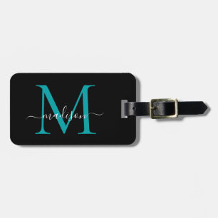 Étiquette À Bagage Chic Black Turquoise Vert Monogramme Nom du script