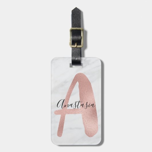 Étiquette À Bagage Chic Blanc & Gris Marbre Rose Or A Monogramme Nom (Devant Vertical)