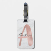 Étiquette À Bagage Chic Blanc & Gris Marbre Rose Or A Monogramme Nom (Dos Vertical)