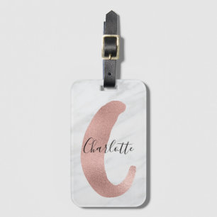 Étiquette À Bagage Chic Blanc & Gris Marbre Rose Or Monogramme Nom