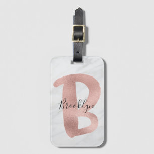 Étiquette À Bagage Chic Blanc & Gris Marbre Rose Or Monogramme Nom