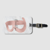Étiquette À Bagage Chic Blanc & Gris Marbre Rose Or Monogramme Nom (Devant Horizontal)