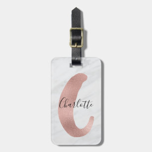 Étiquette À Bagage Chic Blanc & Gris Marbre Rose Or Monogramme Nom