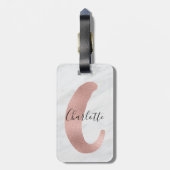 Étiquette À Bagage Chic Blanc & Gris Marbre Rose Or Monogramme Nom (Dos Vertical)
