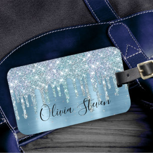 Étiquette À Bagage Chic bleu aqua goutte parties scintillant monogram