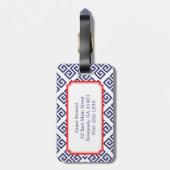 Étiquette À Bagage Chic bleu grec clé motif géométrique monogramme (Dos Vertical)