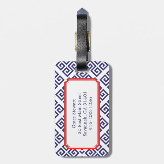 Étiquette À Bagage Chic bleu grec clé motif géométrique monogramme (Dos Vertical)