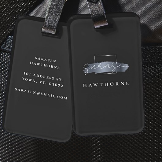 Étiquette À Bagage Chic Brush Stroke Black Faux Silver Grey Monogramm