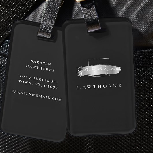 Étiquette À Bagage Chic Brush Stroke Black Faux Silver Monogramme